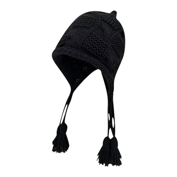 Xfvqtps Tassel Ear Flaps Hat for Womens Cuffed Knitting Solid Color Aesthetic Beauty Stretchy Windproof Coldproof Warm Fall Winter Hat Black
