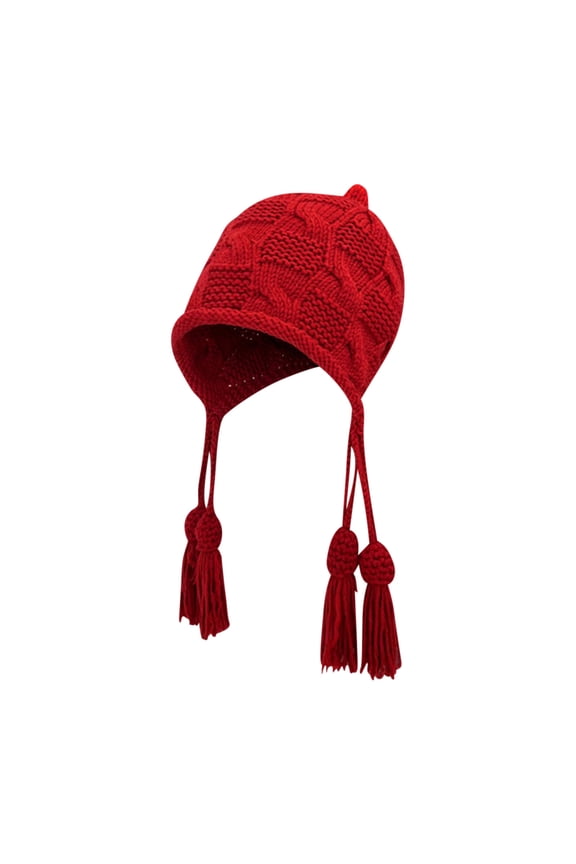 Tassel Ear Flaps Hat for Womens Cuffed Knitting Solid Color Aesthetic Beauty Stretchy Windproof Coldproof Warm Fall Winter Hat Red