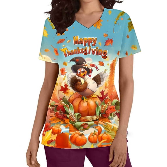 Xfvqtps Thanksgiving Scrub Tops for Women Soft V-Neck Scrubs Comfortable Nursing Uniforms Short Sleeve Tops Turkey Print Blouse Protective Clothing Working Uniforms with Pockets Red