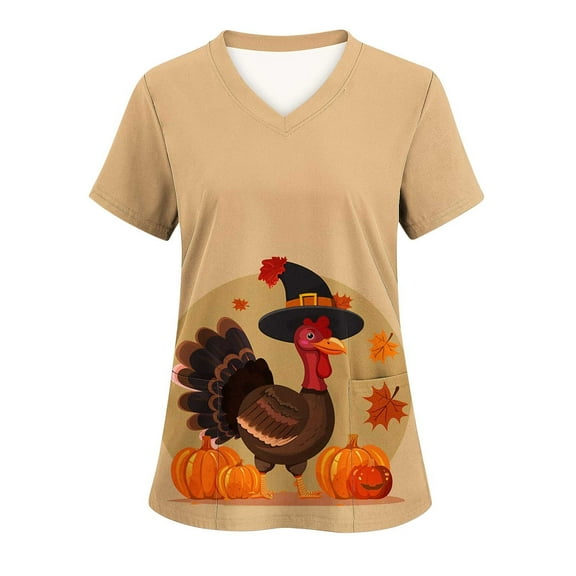 Xfvqtps Thanksgiving Scrub Tops for Women Soft V-Neck Scrubs Comfortable Nursing Uniforms Thanksgiving Turkey Print Short Sleeve Workwear Top Working Uniforms with Pockets Multicolor
