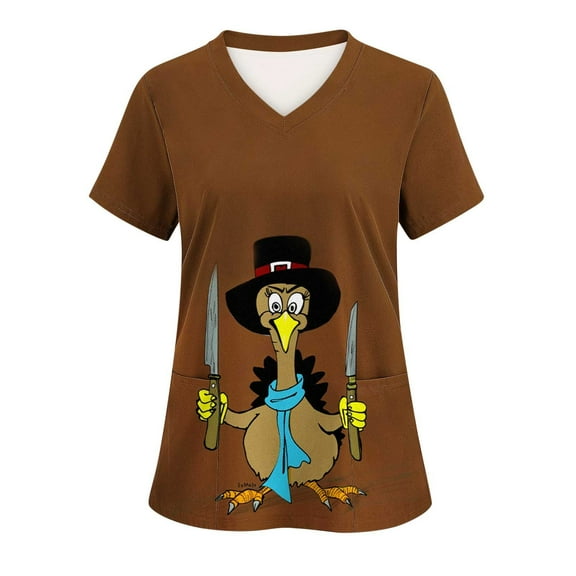 Xfvqtps Thanksgiving Scrub Tops for Women Soft V-Neck Scrubs Comfortable Nursing Uniforms Thanksgiving Turkey Print Short Sleeve Workwear Top Working Uniforms with Pockets Multicolor