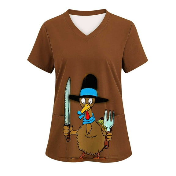 Xfvqtps Thanksgiving Scrub Tops for Women Soft V-Neck Scrubs Comfortable Nursing Uniforms Thanksgiving Turkey Print Short Sleeve Workwear Top Working Uniforms with Pockets Multicolor