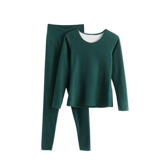 Xfvqtps Thermal Underwear for Women Fitting Stretch Pullover Round Neck Long Sleeve Plush Lining Solid Color Thickened Cozy Soft Comfortable Warm Winter Top and Long Pants Pajama Set Green