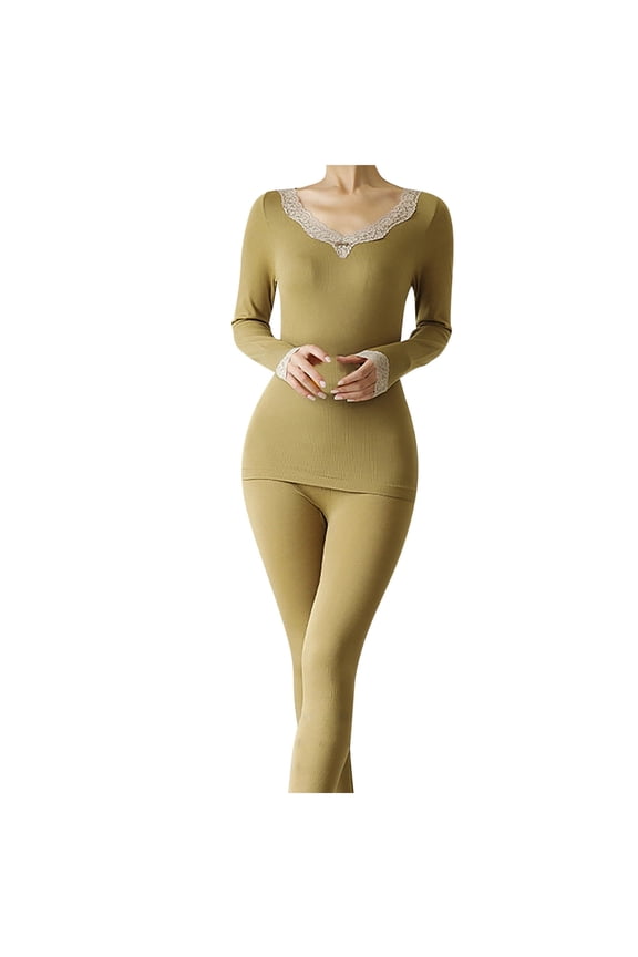 Thermal Underwear for Women Pullover Lace Sleeves and Collar V Neck Long Sleeve Fitting Stretch Cozy Soft Warm Comfortable Fall Winter Top and Long Pants Pajama Set Green