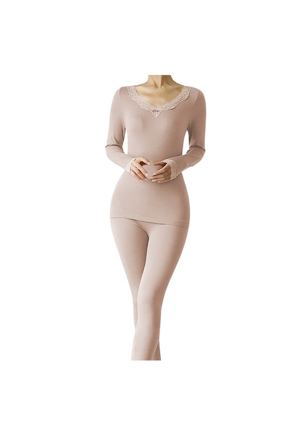 Thermal Underwear for Women Pullover Lace Sleeves and Collar V Neck Long Sleeve Fitting Stretch Cozy Soft Warm Comfortable Fall Winter Top and Long Pants Pajama Set Brown