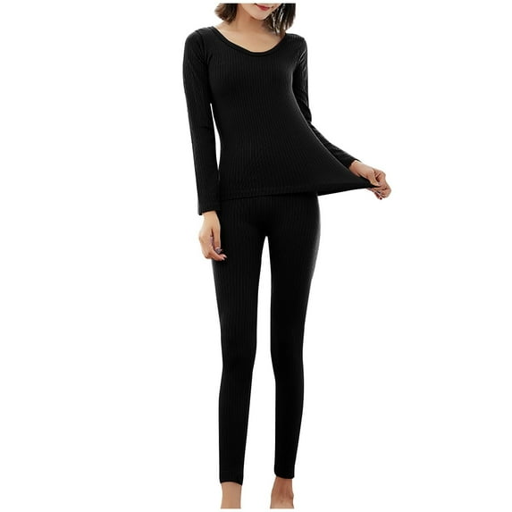 Xfvqtps Thermal Underwear for Women Pullover Round Neck Long Sleeve Solid Color Stripe Fitting Stretch Cozy Soft Comfortable Warm Fall Winter Top and Long Pants Pajama Set Black