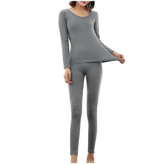 Xfvqtps Thermal Underwear for Women Pullover Round Neck Long Sleeve Solid Color Stripe Fitting Stretch Cozy Soft Comfortable Warm Fall Winter Top and Long Pants Pajama Set Gray