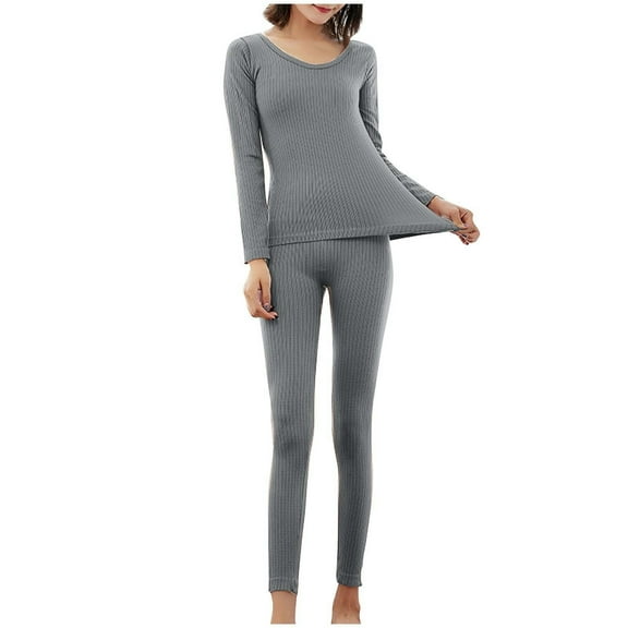 Xfvqtps Thermal Underwear for Women Pullover Round Neck Long Sleeve Solid Color Stripe Fitting Stretch Cozy Soft Comfortable Warm Fall Winter Top and Long Pants Pajama Set Gray