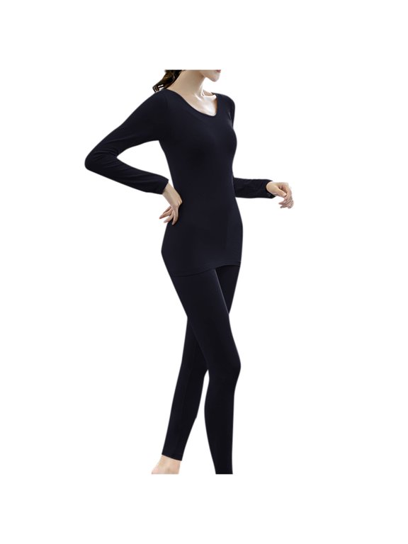 Thermal Underwear for Women Pullover Solid Color Round Neck Long Sleeve Fitting Stretch Cozy Soft Comfortable Warm Fall Winter Top and Long Pants Pajama Set Black