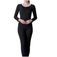 thumbnail image 1 of Xfvqtps Thermal Underwear for Women Pullover Solid Color Stripe Long Sleeve Round Neck Fitting Stretch Cozy Soft Comfortable Warm Fall Winter Top and Long Pants Pajama Set Black, 1 of 6