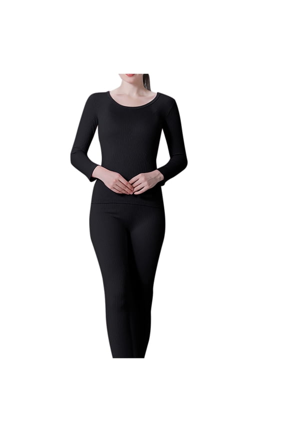 Thermal Underwear for Women Pullover Solid Color Stripe Long Sleeve Round Neck Fitting Stretch Cozy Soft Comfortable Warm Fall Winter Top and Long Pants Pajama Set Black