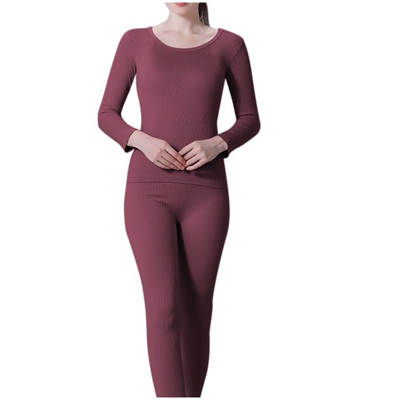Xfvqtps Thermal Underwear for Women Pullover Solid Color Stripe Long Sleeve Round Neck Fitting Stretch Cozy Soft Comfortable Warm Fall Winter Top and Long Pants Pajama Set Purple