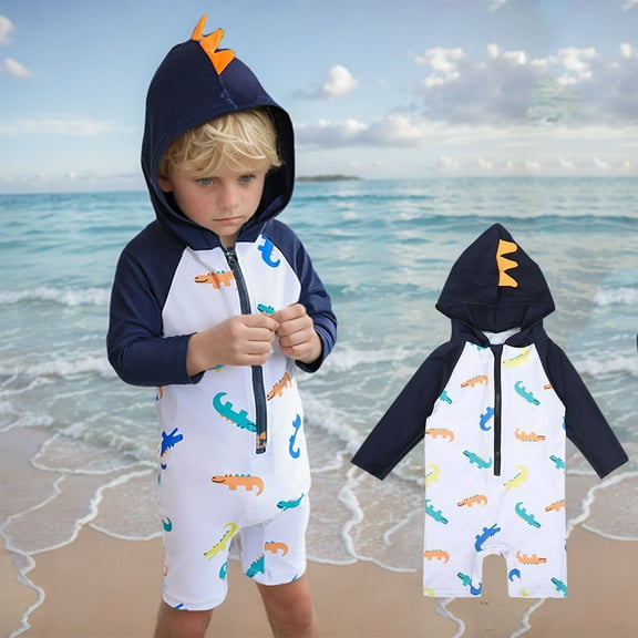 Xfvqtps Toddler Baby Boys Hoodie Style One Piece Swimsuit Rash Guard Long Sleeve Front Zipper Cute Cartoon Crocodile Print Sun Protection Beach Bathing Suits Short Swimwear for 1-7 Years Blue