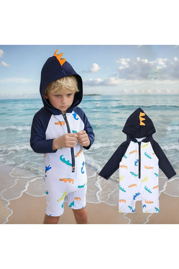 Toddler Baby Boys Hoodie Style One Piece Swimsuit Rash Guard Long Sleeve Front Zipper Cute Cartoon Crocodile Print Sun Protection Beach Bathing Suits Short Swimwear for 1-7 Years Blue