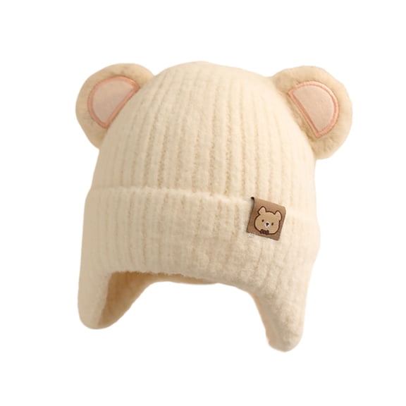 Xfvqtps Toddler Beanie with Ear Flap Cute Bear Ears Knit Solid Color Stretch Windproof Coldproof Warm Outdoor Soft Winter Skull Cap for 1-6Years White