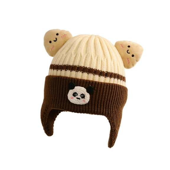 Xfvqtps Toddler Beanie with Ear Flap Cute Cartoon Panda and Two Smile Ears Knit Color Blocking Stretch Windproof Coldproof Warm Outdoor Soft Winter Skull Cap for 1-6Years Coffee