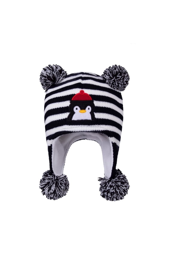 Toddler Beanie with Ear Flaps Cute Penguin Pattern Stripe Plush Pompom Knitting Plush Lining Stretch Thickened Windproof Coldproof Warm Winter Hat for 0-3 Years Black