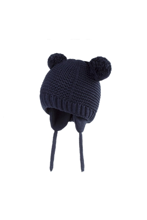 Toddler Beanie with Ear Flaps Plush Pompom Ears Strap Cute Solid Color Knitting Stretch Thickened Windproof Coldproof Warm Winter Hat for 0-3 Years Navy
