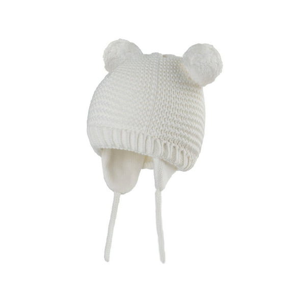 Xfvqtps Toddler Beanie with Ear Flaps Plush Pompom Ears Strap Cute Solid Color Knitting Stretch Thickened Windproof Coldproof Warm Winter Hat for 0-3 Years White