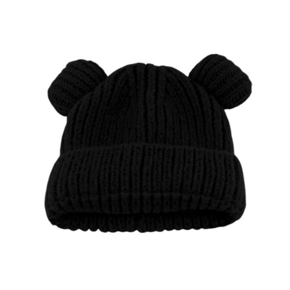 Xfvqtps Toddler Beanie with Two Ears Pompom Knit Solid Color Simplicity Cuffed Stretch Windproof Coldproof Warm Outdoor Soft Winter Skull Cap for 1-6Years Black