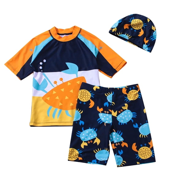 Xfvqtps Toddler Child Boys 3PCS Rash Guard Swimsuit Set Top Shorts and Cap Pullover Short Sleeve Cute Cartoon Crab Print Sun Protection Beach Bathing Suits Swimwear for 2-15 Years Yellow