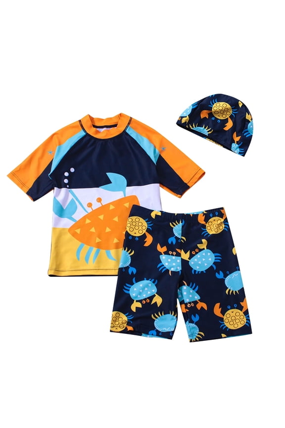 Toddler Child Boys 3PCS Rash Guard Swimsuit Set Top Shorts and Cap Pullover Short Sleeve Cute Cartoon Crab Print Sun Protection Beach Bathing Suits Swimwear for 2-15 Years Yellow