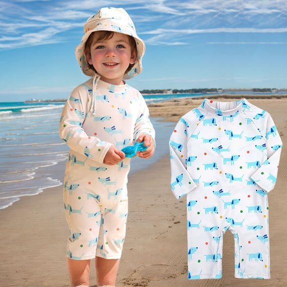Xfvqtps Toddler Child Boys and Girls One Piece Swimsuit with Hat Rash Guard Long Sleeve Cute Animals Print Back Zipper Sun Protection Beach Bathing Suits Short Swimwear for 1-7 Years Blue