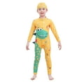 thumbnail image 1 of Xfvqtps Toddler Child Boys One Piece Rash Guard Swimsuit and Cap Cute Dinosaur Star Note Print Tail Long Sleeve Sun Protection Beach Bathing Suits Long Swimwear for 3-11 Years Yellow-Long, 1 of 3