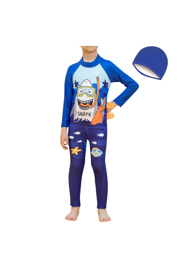 Toddler Child Boys One Piece Rash Guard Swimsuit and Cap Cute Shark Fish Print Tail Long Sleeve Sun Protection Beach Bathing Suits Long Swimwear for 3-11 Years Light Blue