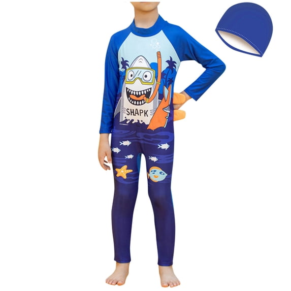 Xfvqtps Toddler Child Boys One Piece Rash Guard Swimsuit and Cap Cute Shark Fish Print Tail Long Sleeve Sun Protection Beach Bathing Suits Long Swimwear for 3-11 Years Light Blue