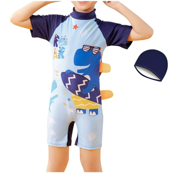 Xfvqtps Toddler Child Boys One Piece Rash Guard Swimsuit and Cap Dinosaur Print Cute Tail Short Sleeve Color Block Sun Protection Beach Bathing Suits Short Swimwear for 3-11 Years Blue-Short