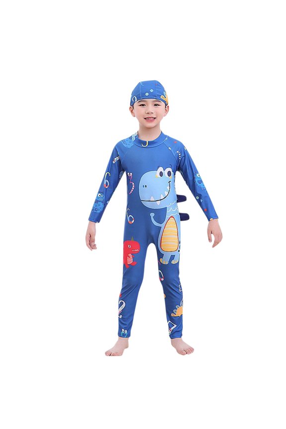 Toddler Child Boys Rash Guard One Piece Swimsuit with Cap Long Sleeve Cute Cartoon Dinosaur Print Sun Protection Beach Bathing Suits Long Swimwear for 3-11 Years Blue-Long
