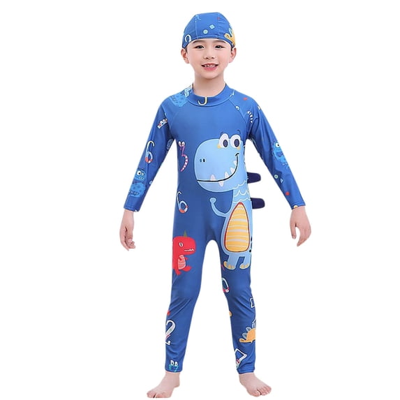 Xfvqtps Toddler Child Boys Rash Guard One Piece Swimsuit with Cap Long Sleeve Cute Cartoon Dinosaur Print Sun Protection Beach Bathing Suits Long Swimwear for 3-11 Years Blue-Long