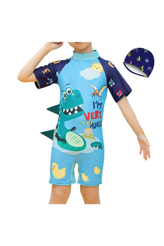 Toddler Child Boys Rash Guard One Piece Swimsuit with Cap Tail Short Sleeve Cute Cartoon Dinosaur Print Color Block Sun Protection Beach Bathing Suits Swimwear for 3-11 Years Light Blue