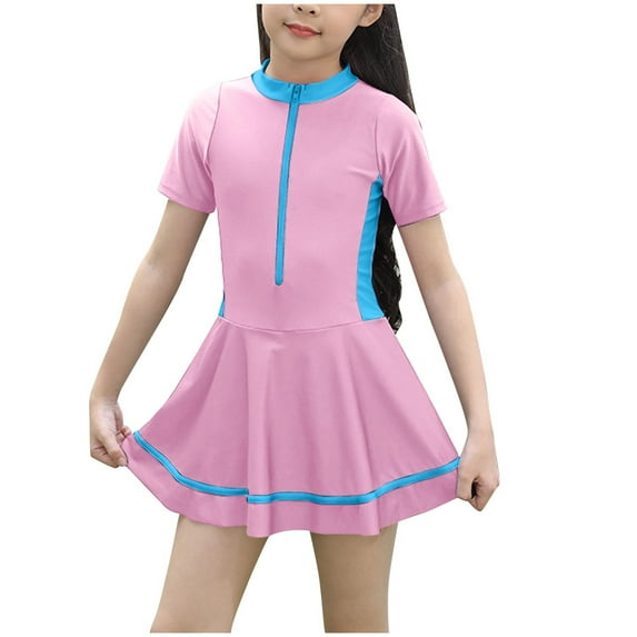 Xfvqtps Toddler Child Girls One Piece Swimsuit with Shorts Front Zipper Skirt Hemt Short Sleeve Sun Protection Simple Beach Rash Guard Summer Swim Shirts Bathing Suit 2-9 Years Pink