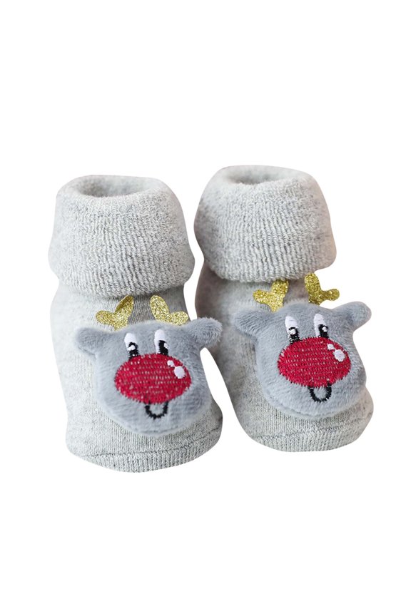 Toddler Christmas Socks Cuff Cute Elk Deer Decoration Non Slip Thickened Soft Comfortable Warm Winter Floor Socks Gray