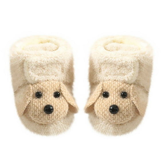 Xfvqtps Toddler Fuzzy Boots with Grippy Fluffy Cute Knitted Puppy High Top Hook Solid Color Soft Sole Non Slip Thickened Warm Winter House Shoes Prewalker Beige
