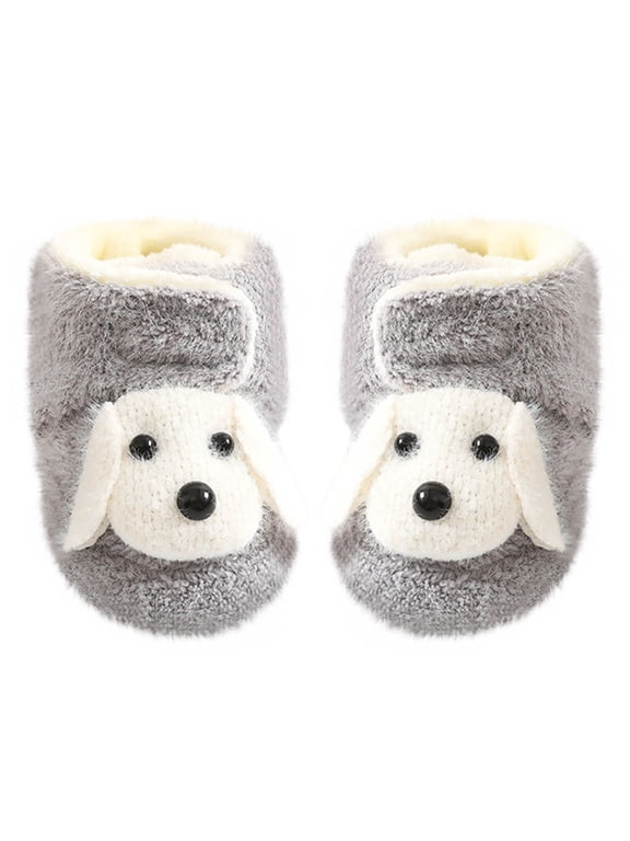 Toddler Fuzzy Boots with Grippy Fluffy Cute Knitted Puppy High Top Hook Solid Color Soft Sole Non Slip Thickened Warm Winter House Shoes Prewalker Gray