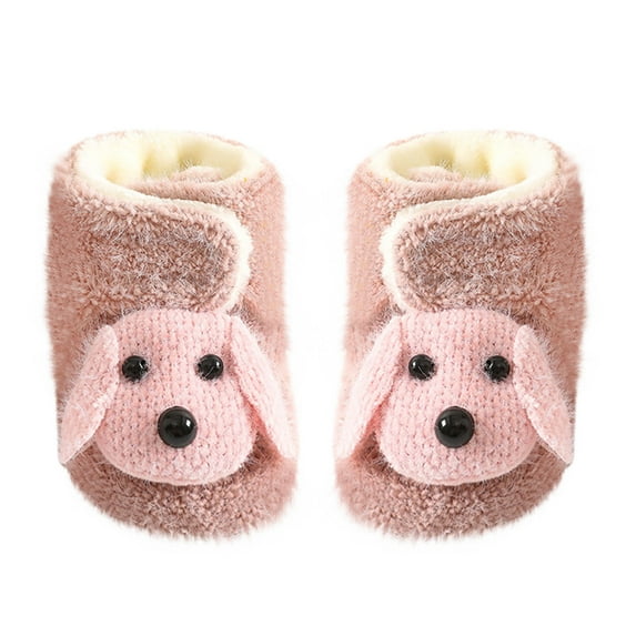 Xfvqtps Toddler Fuzzy Boots with Grippy Fluffy Cute Knitted Puppy High Top Hook Solid Color Soft Sole Non Slip Thickened Warm Winter House Shoes Prewalker Pink