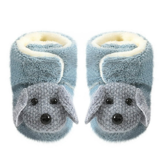 Xfvqtps Toddler Fuzzy Boots with Grippy Fluffy Cute Knitted Puppy High Top Hook Solid Color Soft Sole Non Slip Thickened Warm Winter House Shoes Prewalker Blue