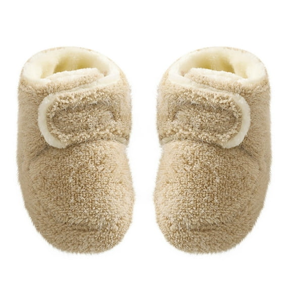Xfvqtps Toddler Fuzzy Boots with Grippy Fluffy High Top Hook Solid Color Soft Sole Non Slip Thickened Warm Winter House Shoes Prewalker Khaki