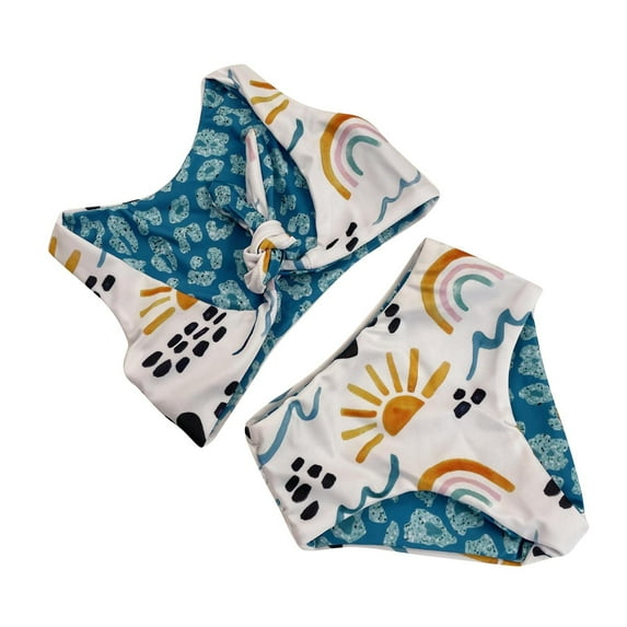 Xfvqtps Toddler Girls Swimsuit Back Strap Sun Rainbow Print Cute Swim Top and Bottoms 2 Piece Bathing Suit Beach Swimwear for 6 Months-4 Years Blue