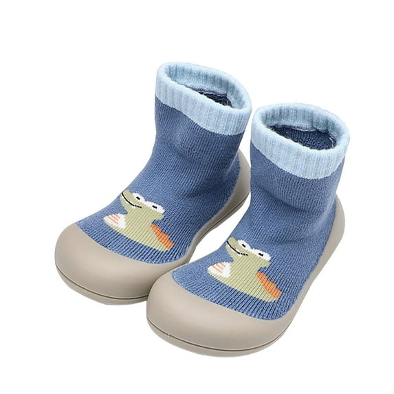 Xfvqtps Toddler Socks Shoes Knitting Mid Tube Cute Dinosaur Print Color Blocking Soft Sole Rubber Sole Non Slip Thickened Warm Winter Shoes Blue