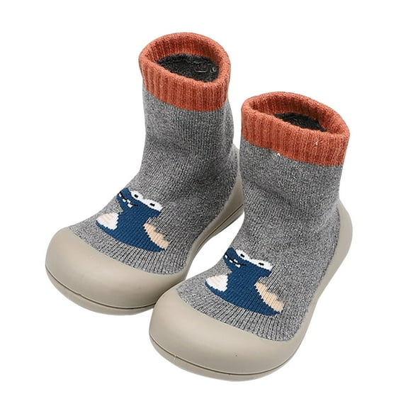 Xfvqtps Toddler Socks Shoes Knitting Mid Tube Cute Dinosaur Print Color Blocking Soft Sole Rubber Sole Non Slip Thickened Warm Winter Shoes Gray