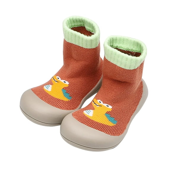 Xfvqtps Toddler Socks Shoes Knitting Mid Tube Cute Dinosaur Print Color Blocking Soft Sole Rubber Sole Non Slip Thickened Warm Winter Shoes Orange