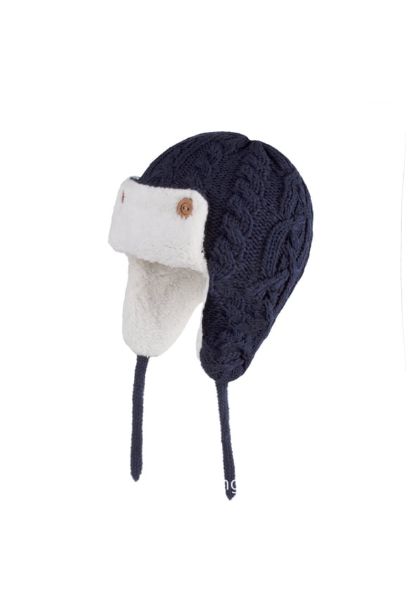 Toddler Trapper Hat with Strap Ear Flaps Ear Protection Knitting Plush Lining Ribbed Pattern Thickened Outdoor Windproof Coldproof Warm Winter Hat for 0-3 Years Navy