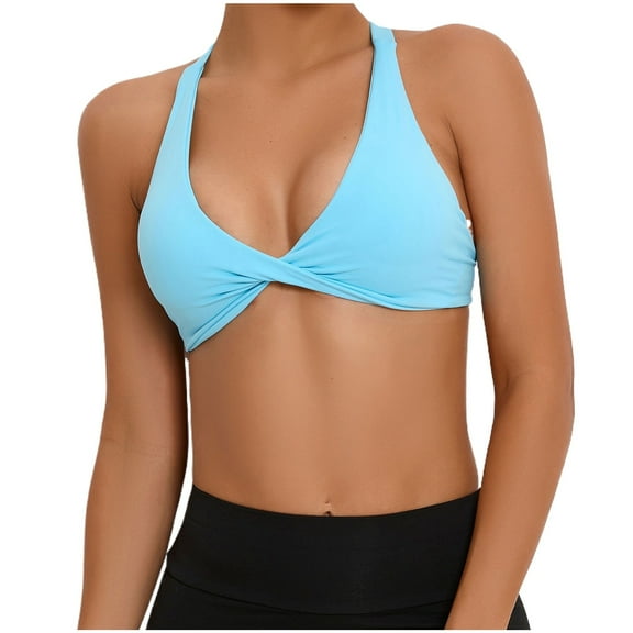 Xfvqtps Two Ways Twist Sports Bra for Women Back Cross Straps Deep V Neck Backless Gym Top Fitness Workout Bras Sky Blue