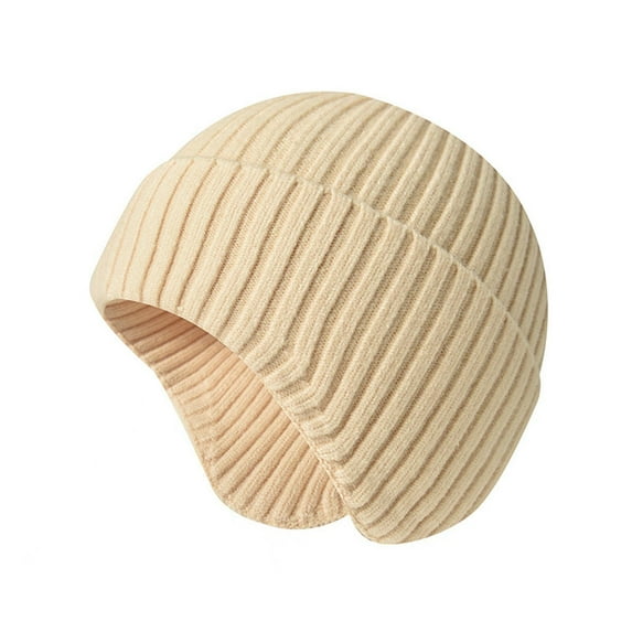Xfvqtps Unisex Beanie with Earmuff Dome Knitted Cuffed Stretchy Solid Color Simplicity Windproof Coldproof Warm Winter Skull Caps Beige
