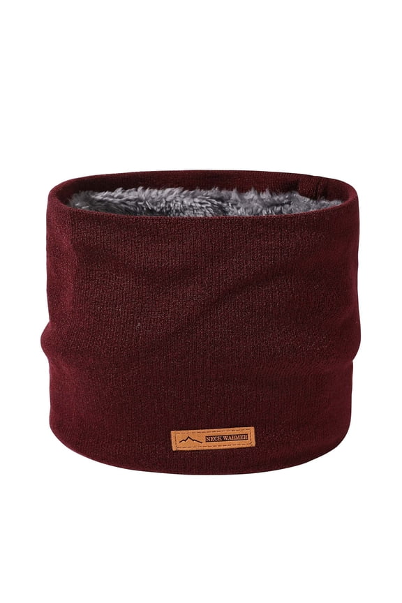 Unisex Loop Scarf for Mens and Womens Necks Warmer Solid Color Knitting Plush Lining Fashion Leather Label Double Layer Thickened Windproof Coldproof Warm Winter Neck Gaiters Wine