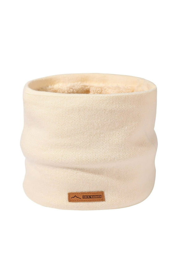 Unisex Loop Scarf for Mens and Womens Necks Warmer Solid Color Knitting Plush Lining Fashion Leather Label Double Layer Thickened Windproof Coldproof Warm Winter Neck Gaiters Beige